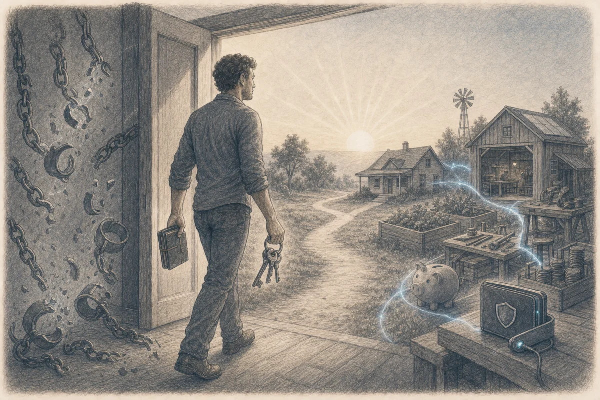 Graphite illustration of a person carrying keys and a secure ledger toward a life grounded in ownership