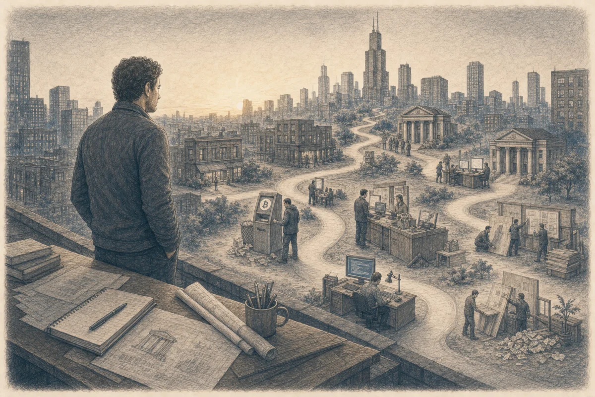 Graphite illustration of a founder looking back across ten years of building Crypto Dispensers