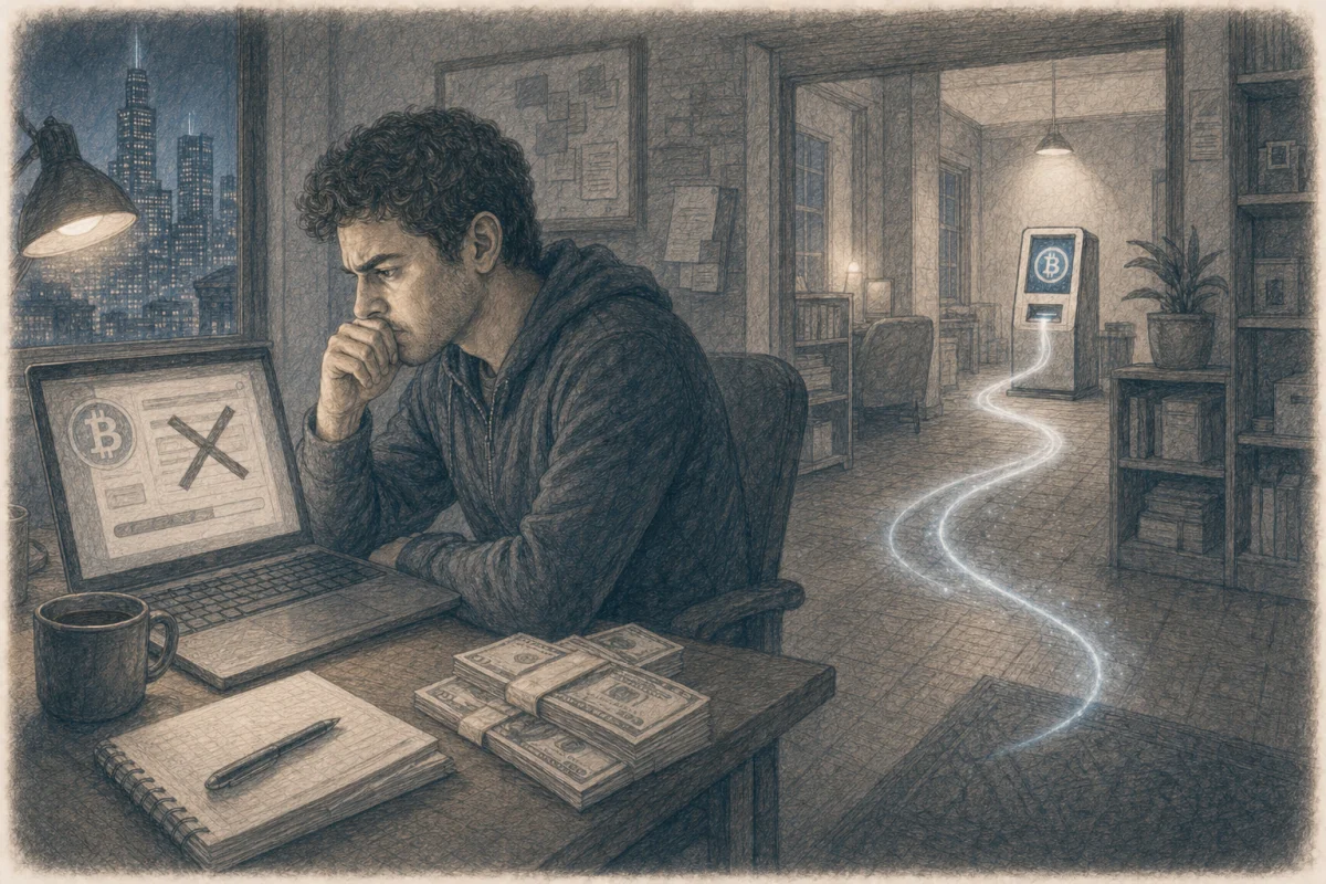 Graphite illustration of a failed online Bitcoin purchase leading toward a later successful cash purchase