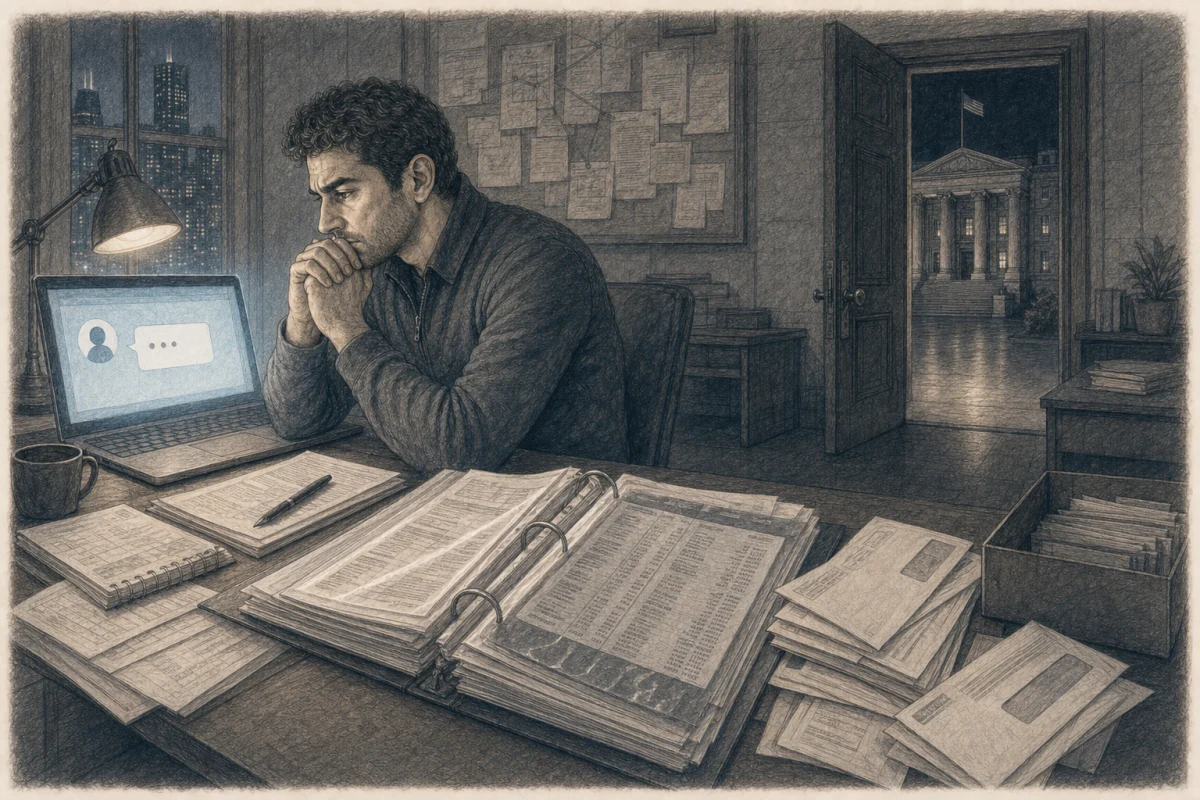 Graphite illustration of Firas Isa reviewing an evidence binder while a silent federal building stands beyond an open doorway