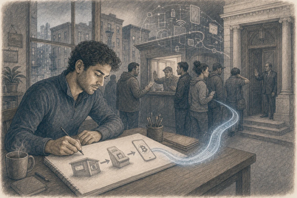 Graphite illustration of Firas Isa planning an accessible route into Bitcoin for people overlooked by existing platforms