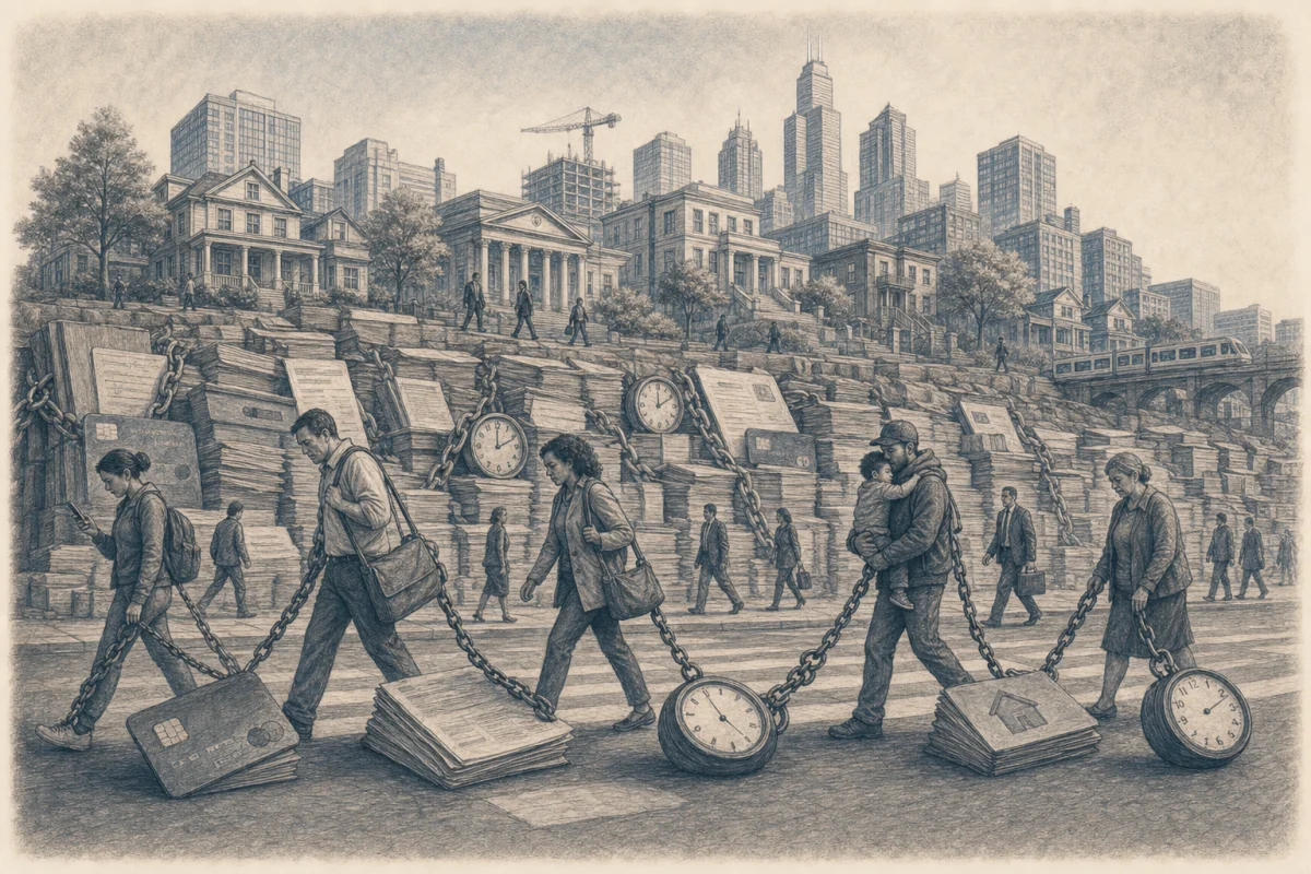 Graphite illustration of a city and its residents carrying the weight of debt, contracts, and time