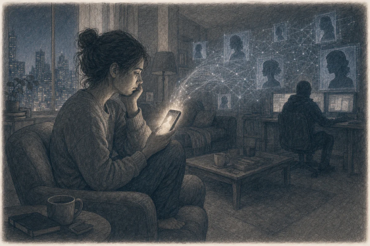 Graphite illustration of an isolated person confronting the hidden network behind an online romance scam