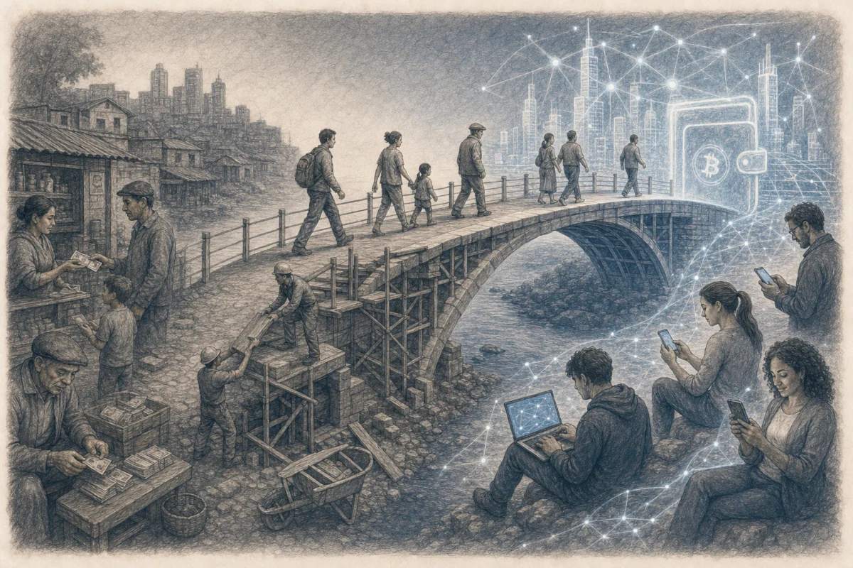 Graphite illustration of a bridge connecting a cash-based community to a digital Bitcoin network