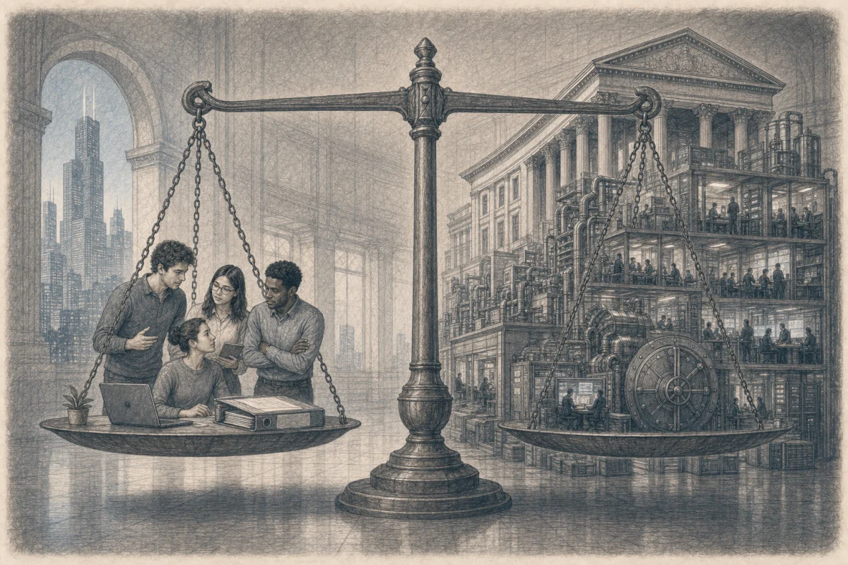 Graphite illustration of a small startup and a vast bank balanced beneath one standard of accountability
