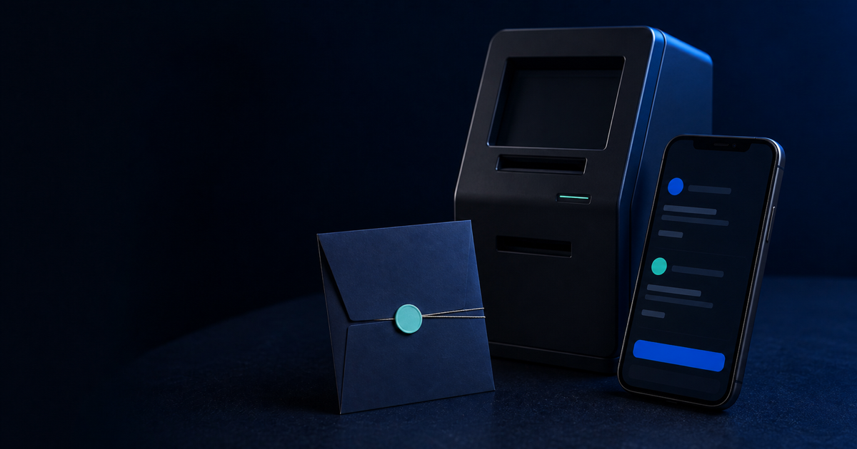 Editorial artwork comparing a wire transfer and Bitcoin ATM route