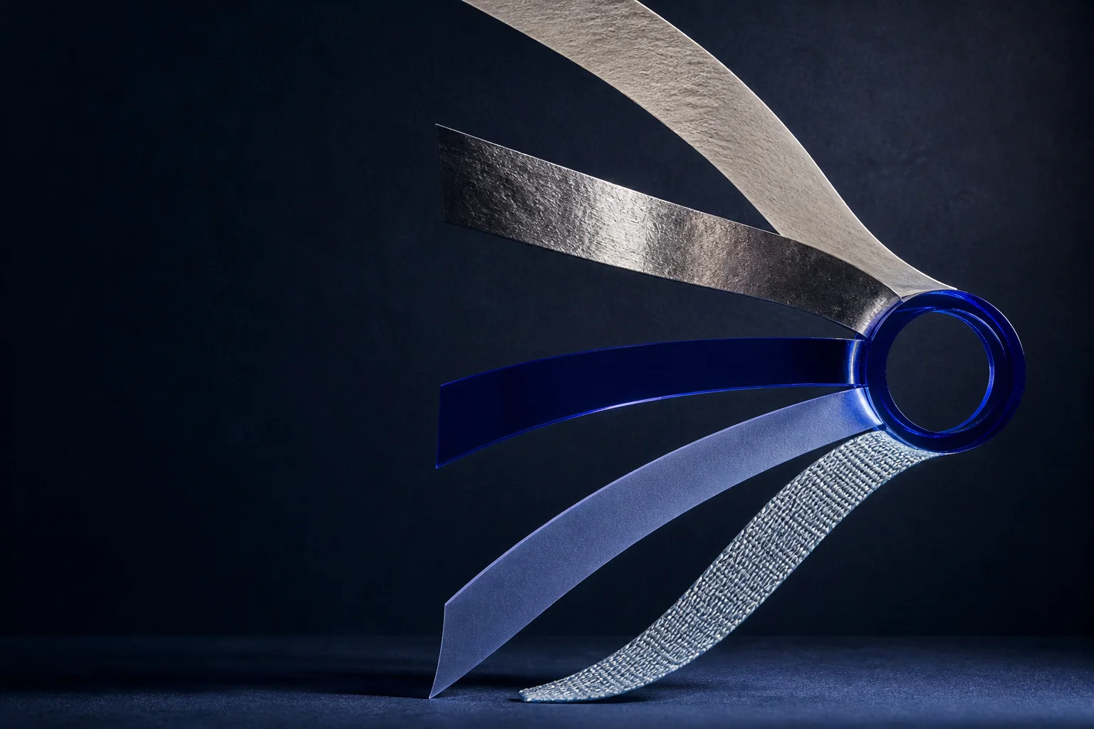 Five tactile material bands converge through a cobalt glass aperture