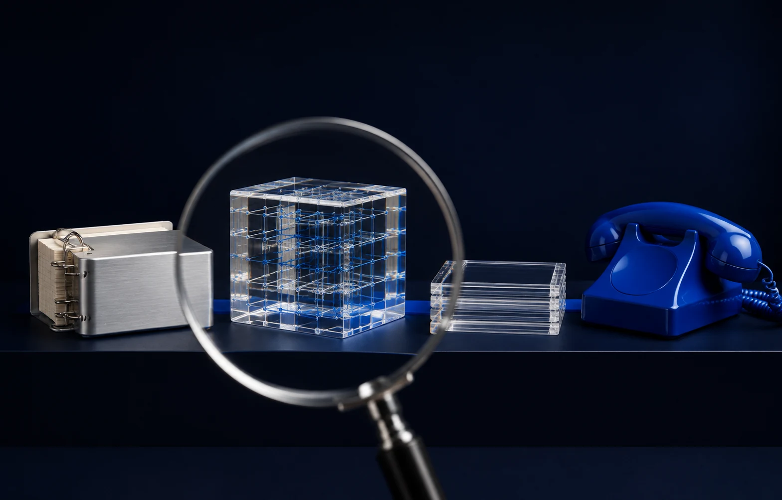 An illustration of records, controls, customer reviews, and support being examined through a magnifying glass.