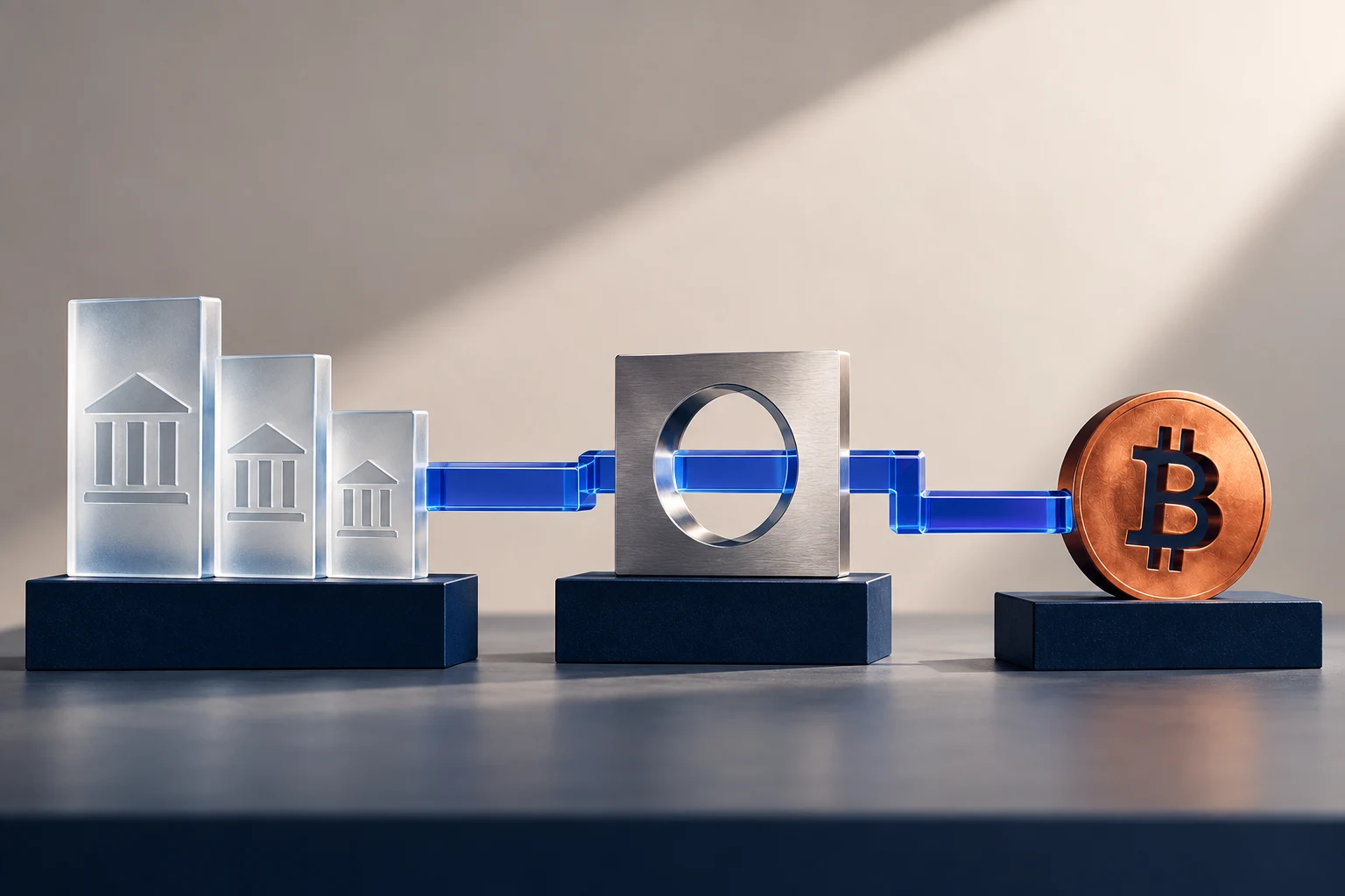 Abstract Bank ACH route leading toward Bitcoin.