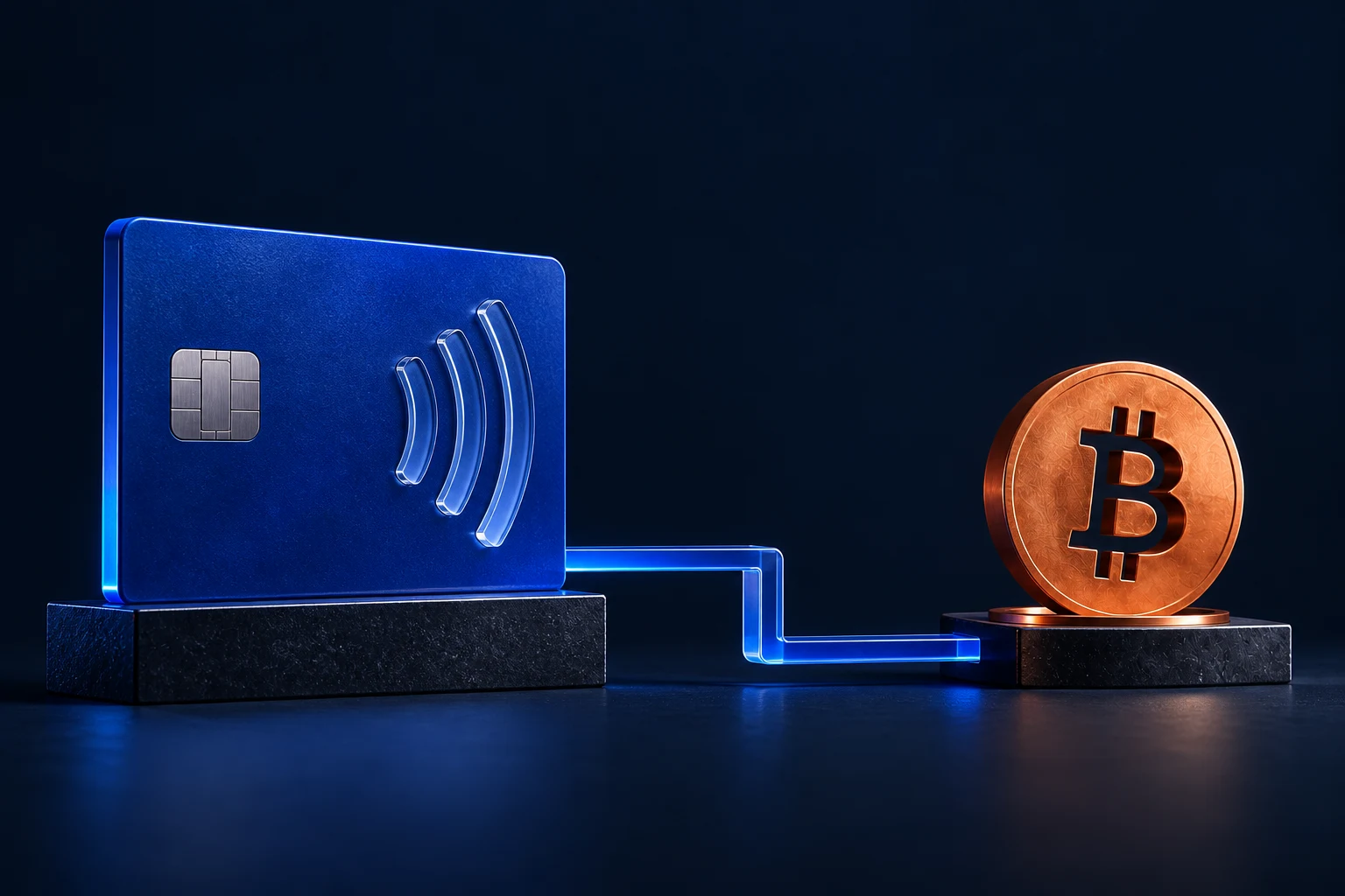 Abstract debit-card route leading toward Bitcoin.