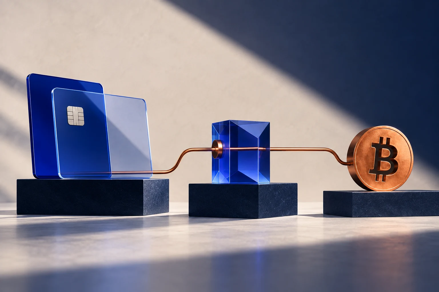 Abstract credit-card route leading toward Bitcoin.