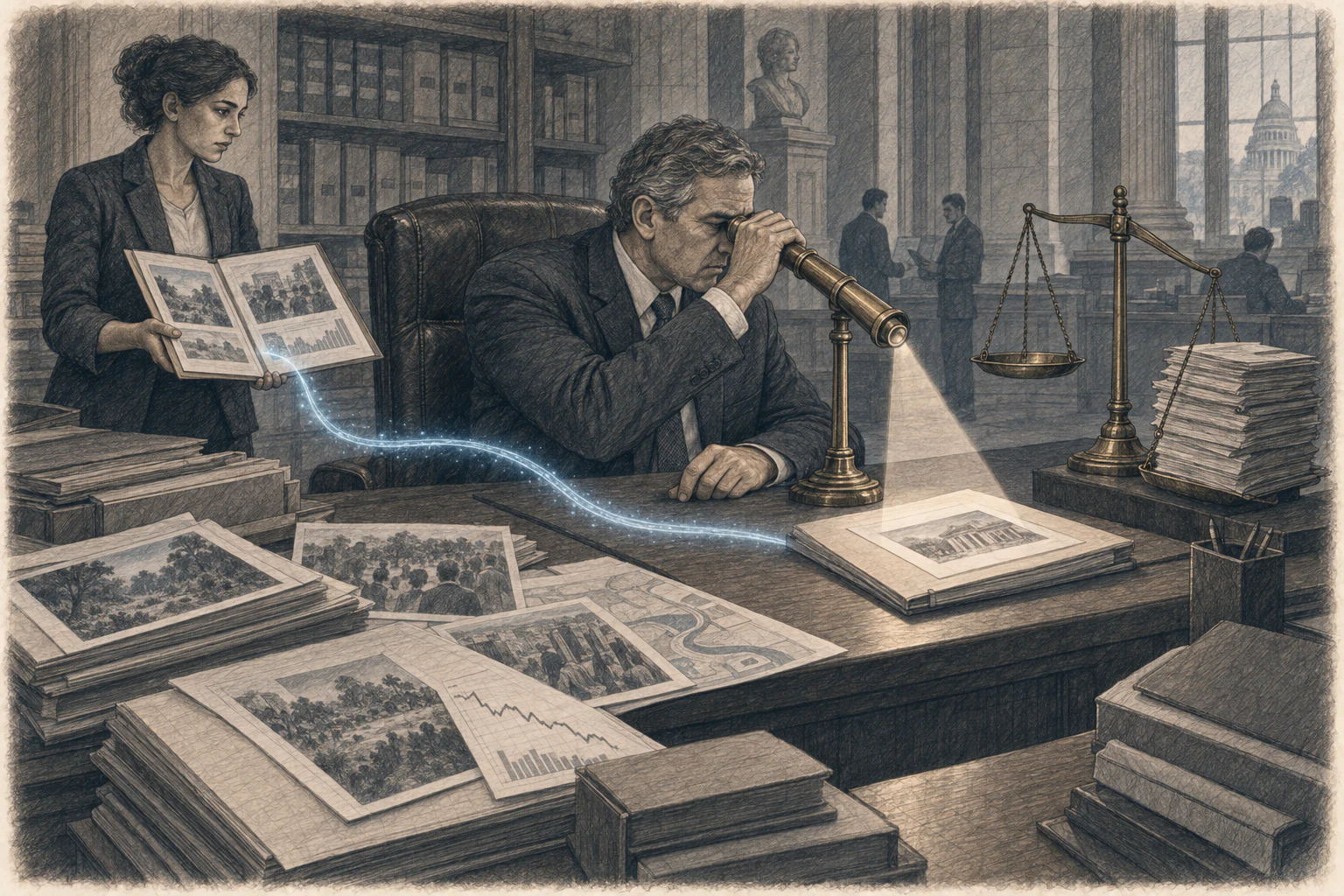 A graphite illustration of an official looking through a narrow viewing tube at one file while a colleague presents ignored evidence beside a tilted scale of justice.