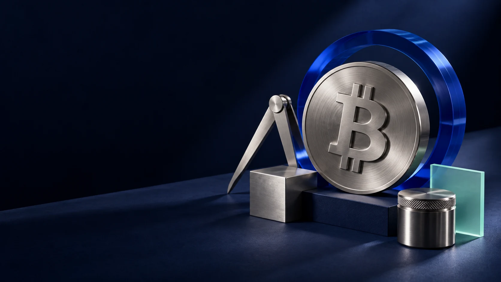 A brushed steel Bitcoin emblem aligned with a cobalt precision ring and machined measuring forms.