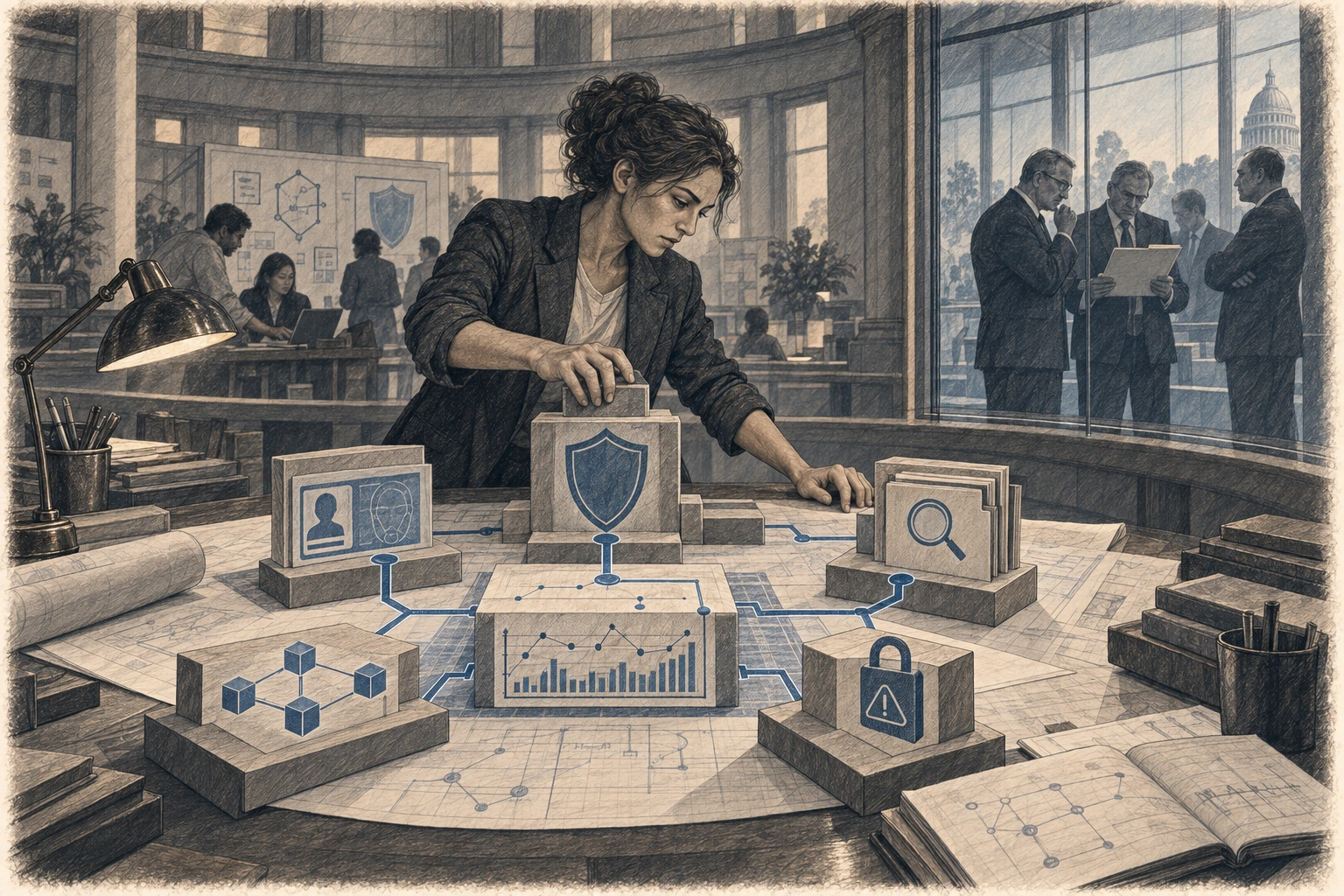 A graphite illustration of a fintech founder assembling identity, fraud, wallet, wire, and transaction safeguards while distant observers study only one incomplete file.