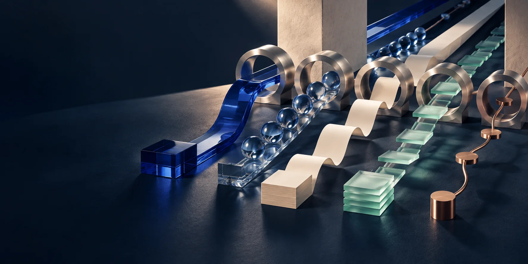 Five distinct payment paths moving through separate controlled checkpoints