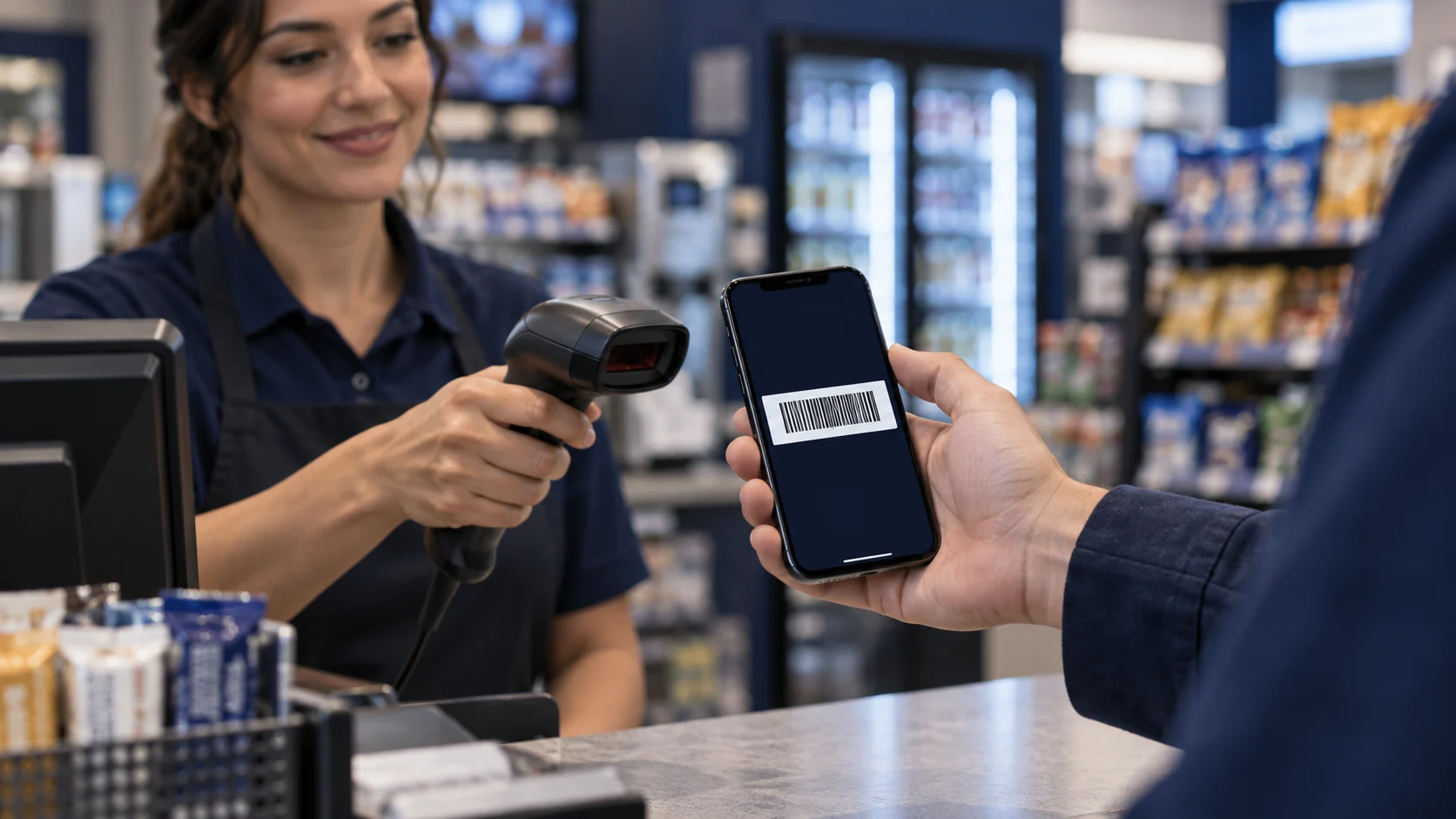 Customer presenting a retail cash-loading barcode to a cashier for scanning