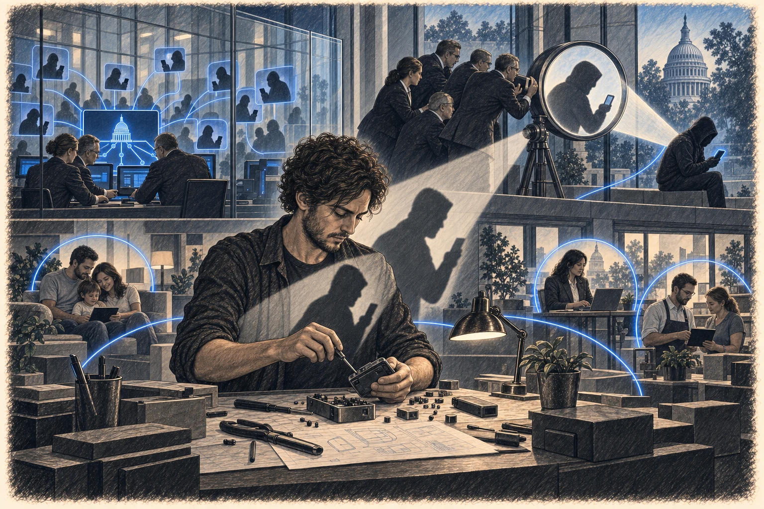 Editorial illustration of the same technology judged by two unequal standards