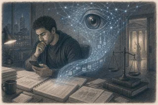 Graphite illustration of a founder examining financial records beneath a surveillance network, balanced scales, and a courthouse doorway