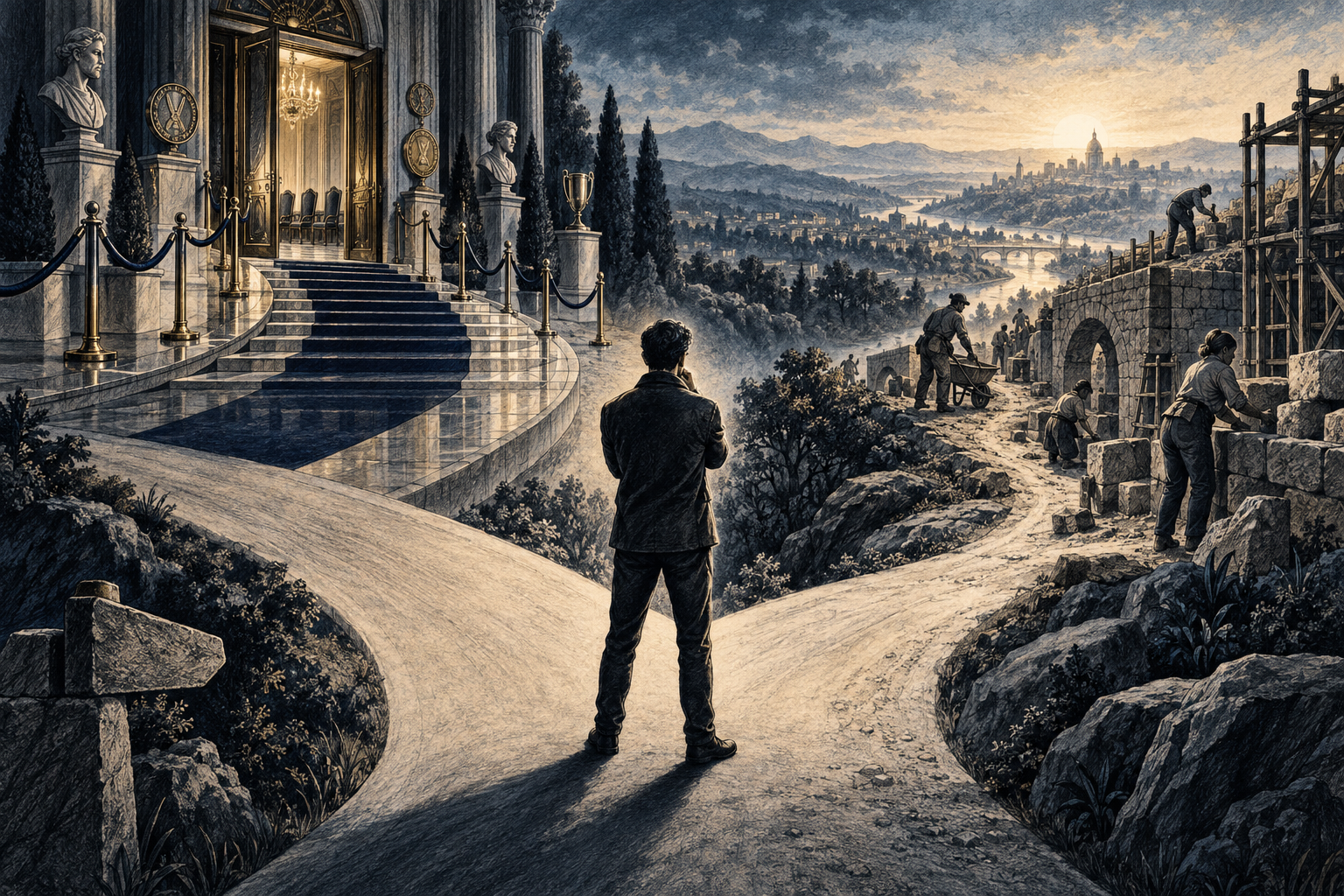 Editorial illustration of a person choosing between the road to status and the road to meaningful work