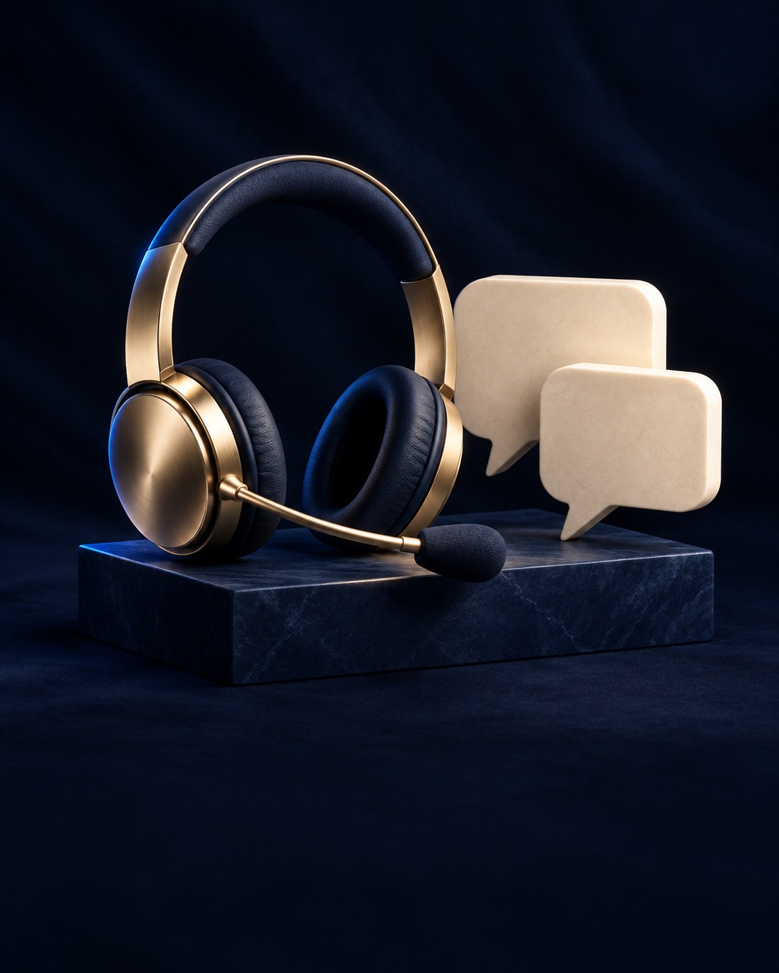 Sculptural support headset and ivory conversation shapes on a navy background