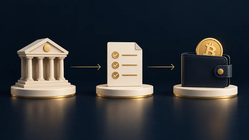 Illustration of a bank wire moving through purchase review to a Bitcoin wallet.
