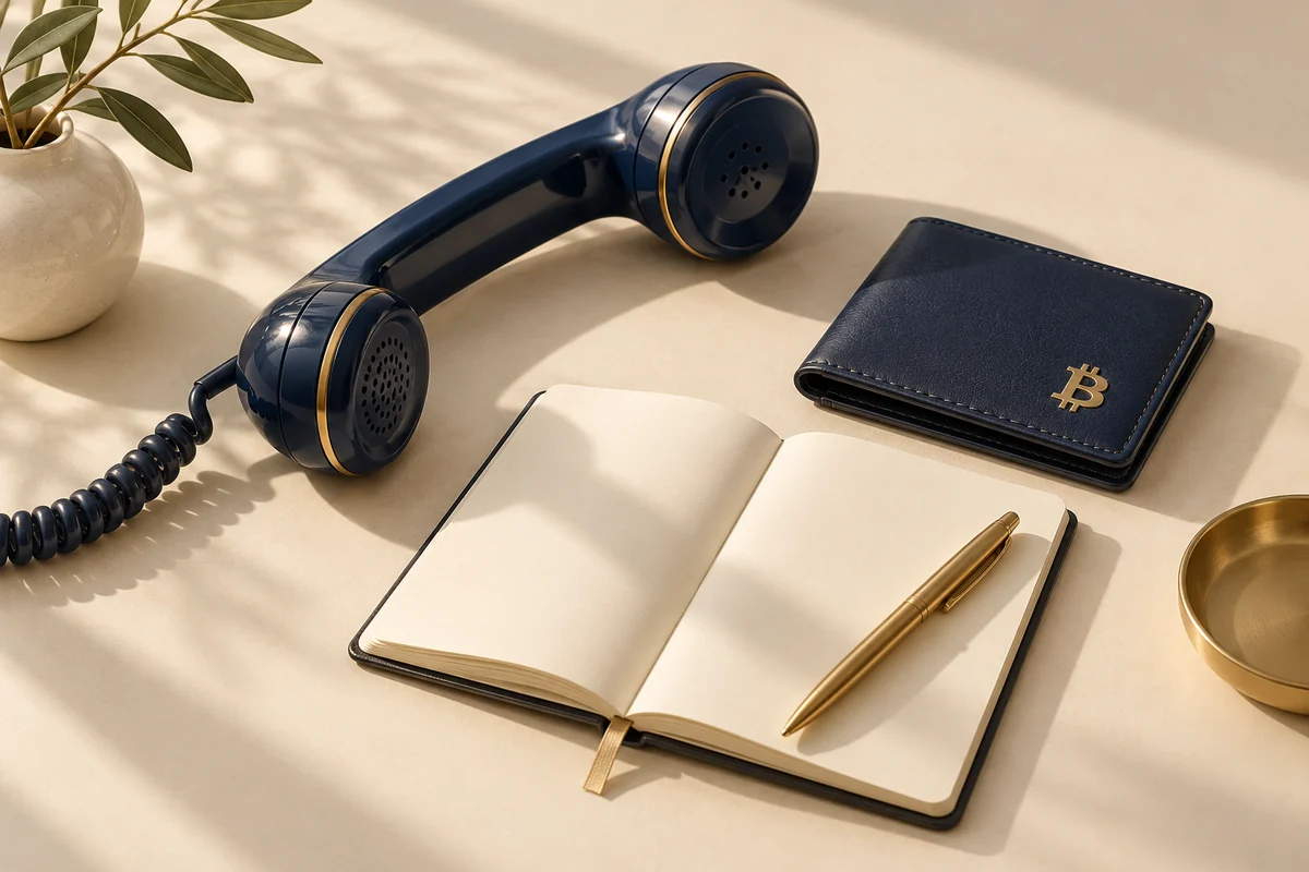 Illustration of a navy telephone, notebook and Bitcoin wallet, ready for a planning conversation.