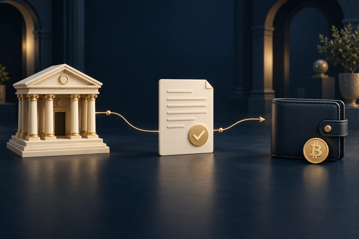 Illustration of a bank, an approval document and a Bitcoin wallet connected by a gold line.