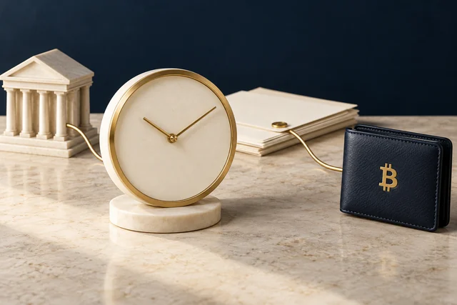 A clock, bank and Bitcoin wallet representing transfer stages.