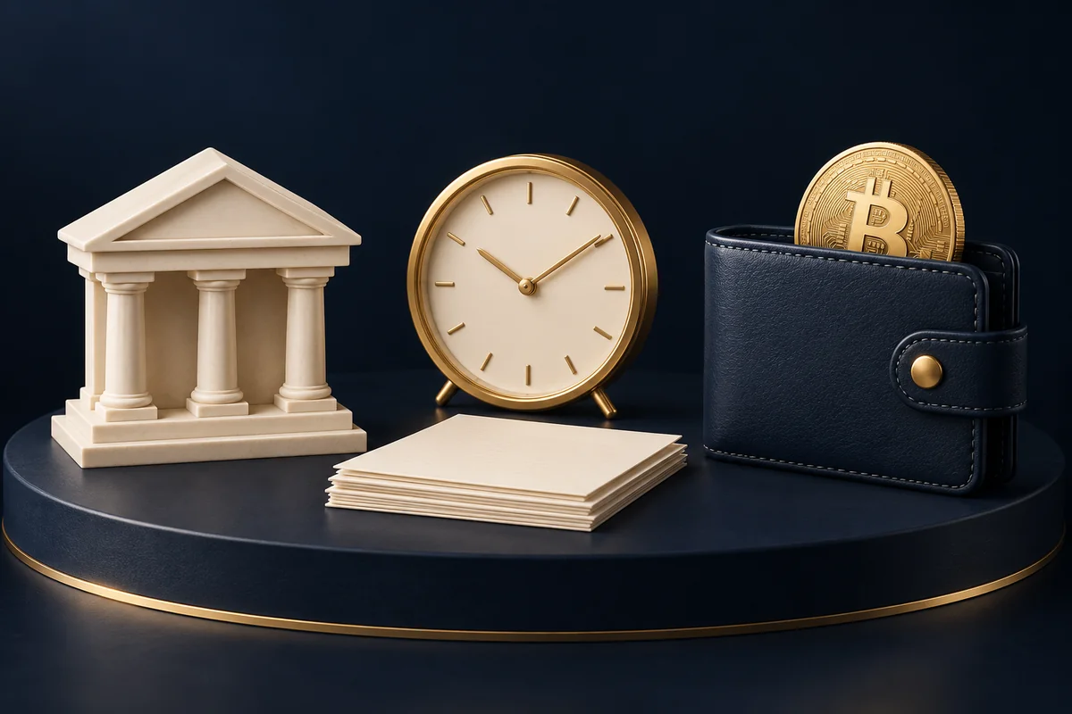 Illustration of a bank, settlement clock and Bitcoin wallet