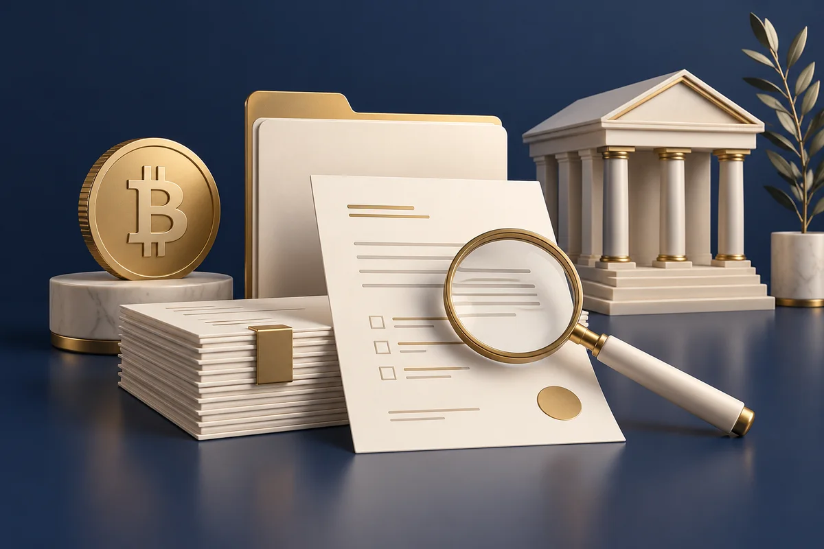 Illustration of a document folder, a magnifying glass, a bank and a Bitcoin coin.