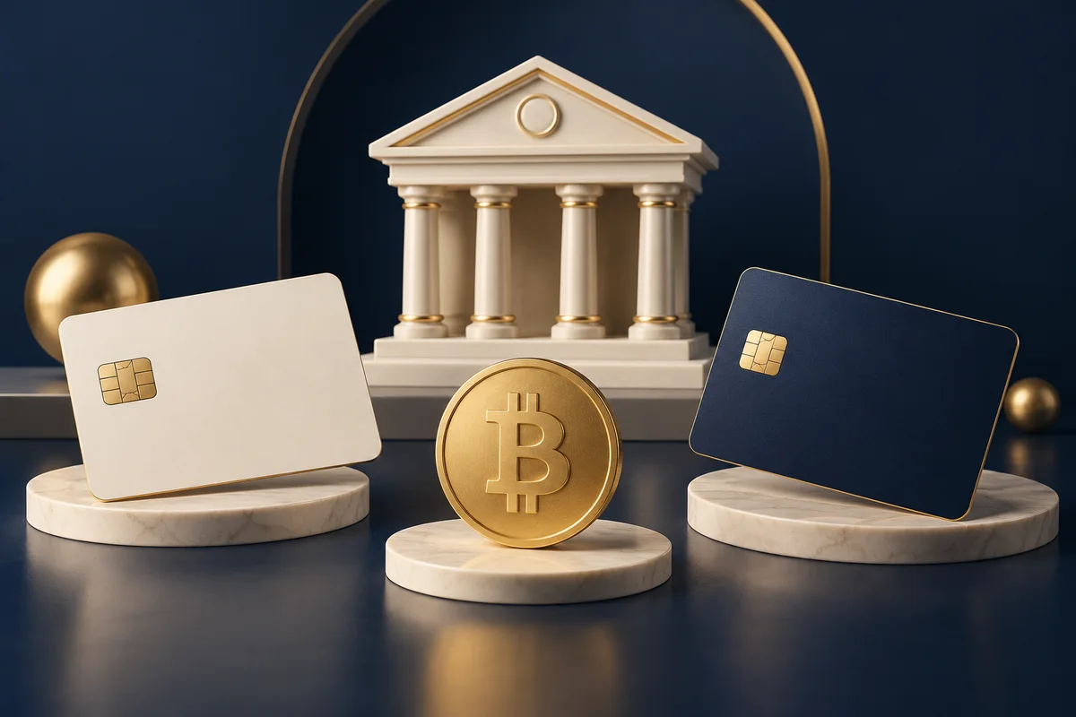 Illustration of a bank, two unbranded payment cards and a Bitcoin coin.
