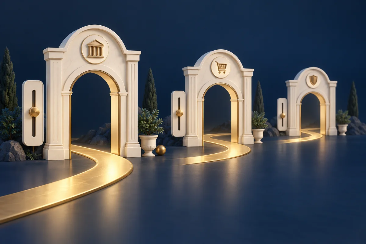 Illustration of three separate gates representing bank limits, purchase rules and account review.