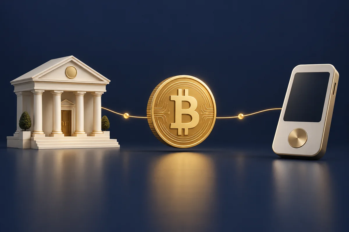 Conceptual illustration of bank funding, a Bitcoin purchase and a hardware wallet.