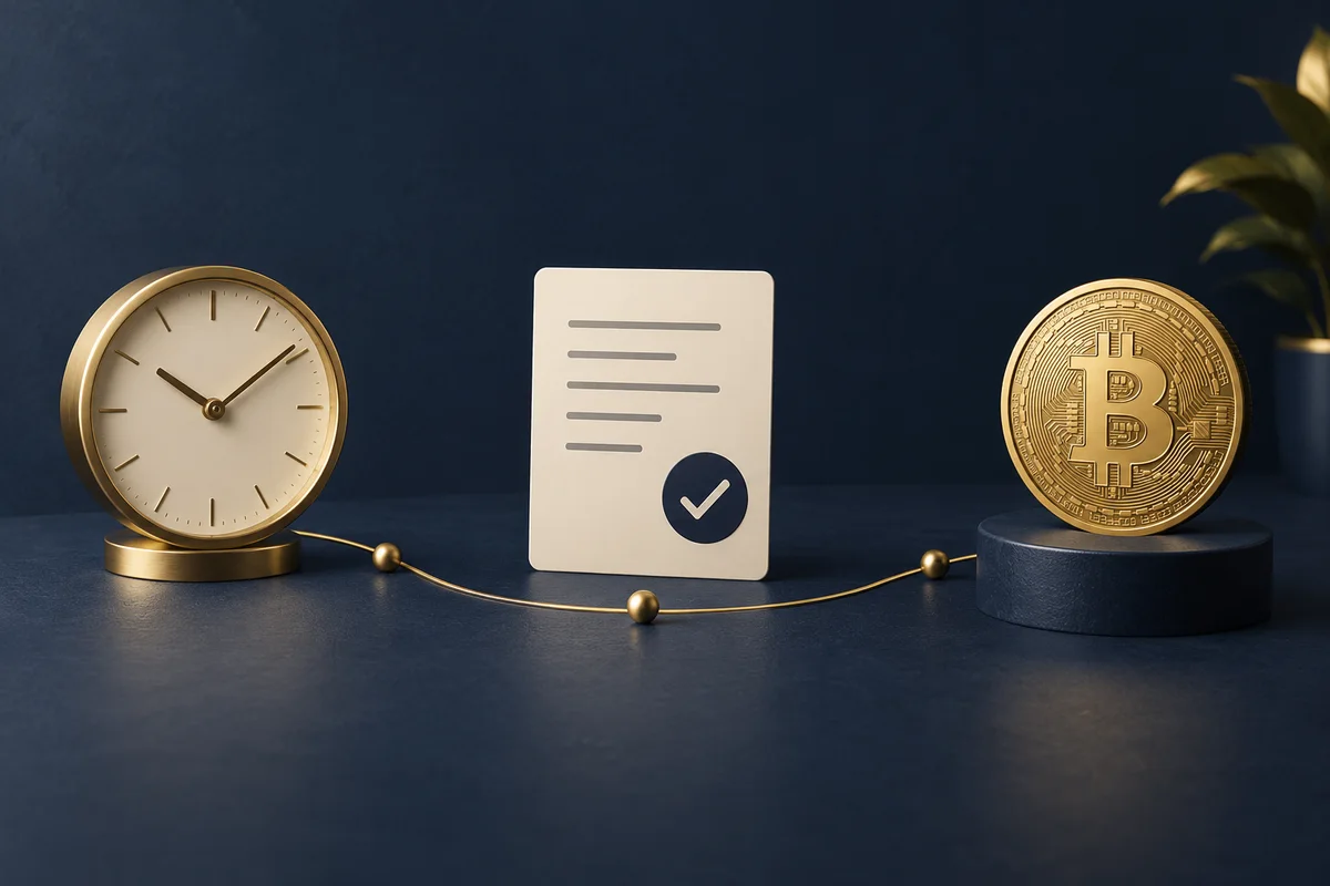 Conceptual illustration of a clock, a quote card and a Bitcoin coin representing price review before purchase.