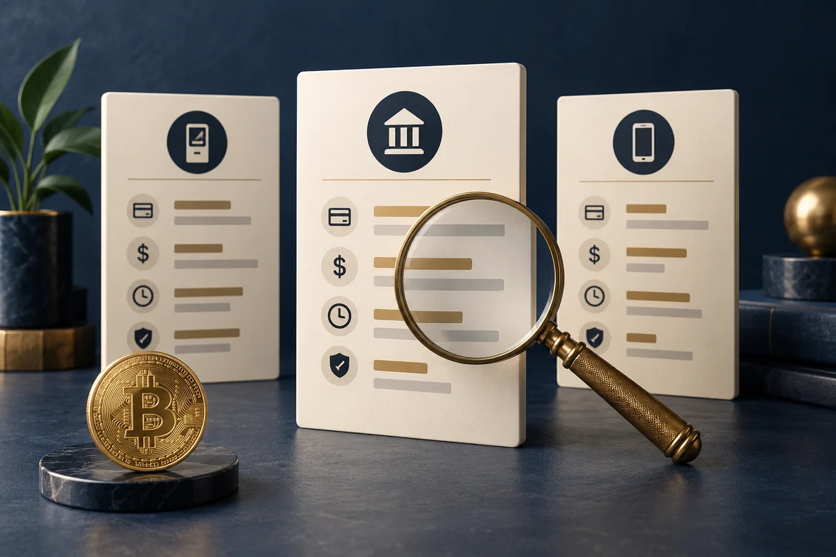 Conceptual illustration of comparison boards and a magnifying glass for reviewing Bitcoin wire providers.