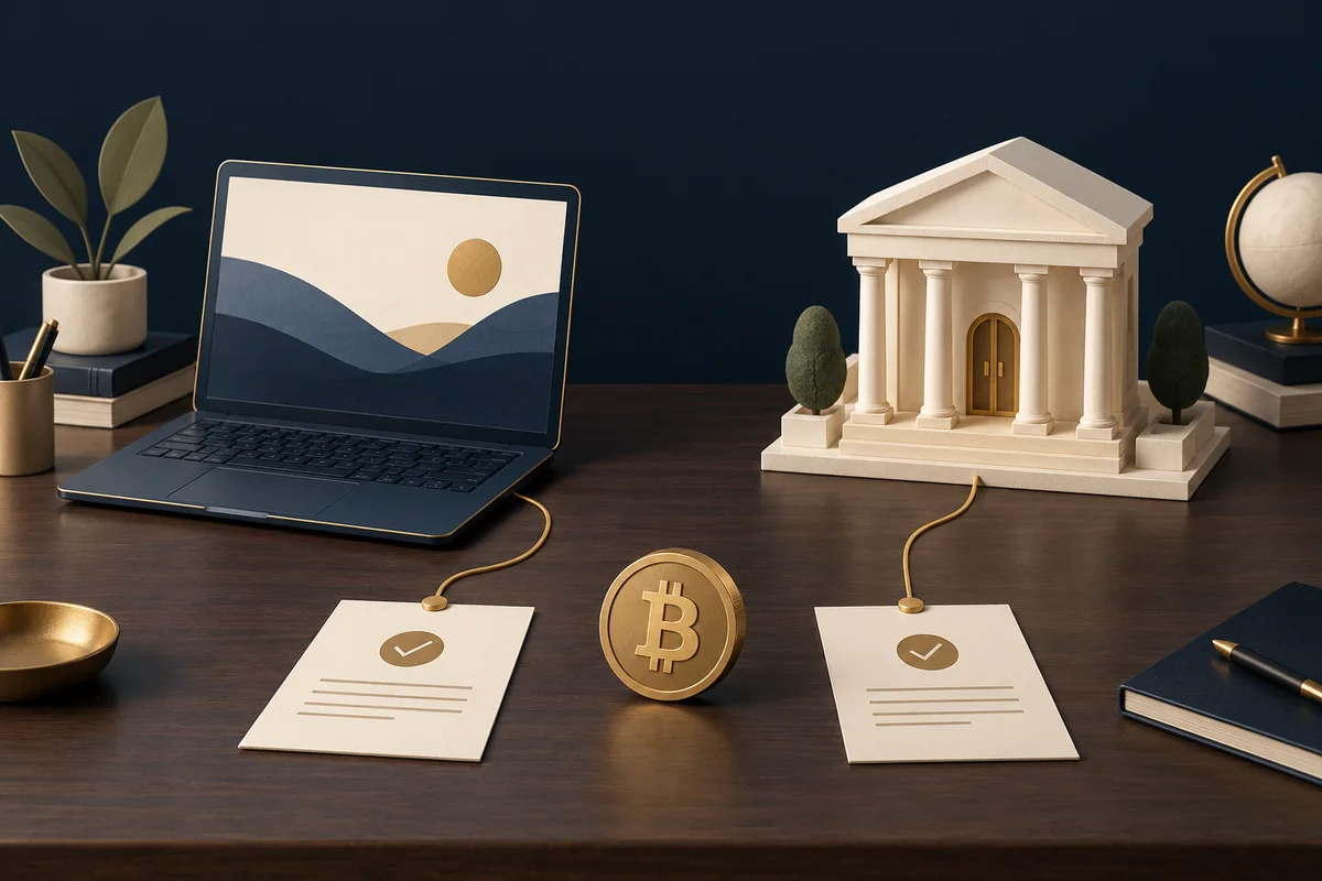 Conceptual illustration comparing an online bank wire with a visit to a bank branch.