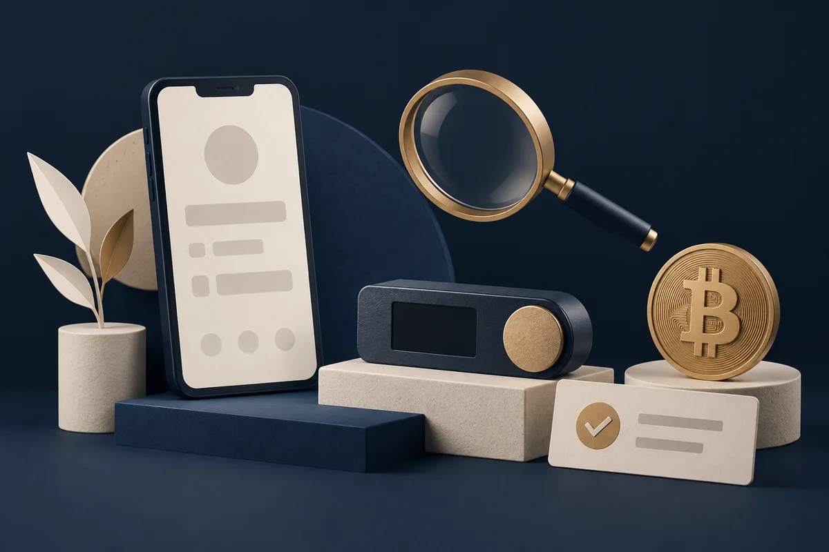 Conceptual illustration of a wallet and phone ready for a Bitcoin receiving-address check.
