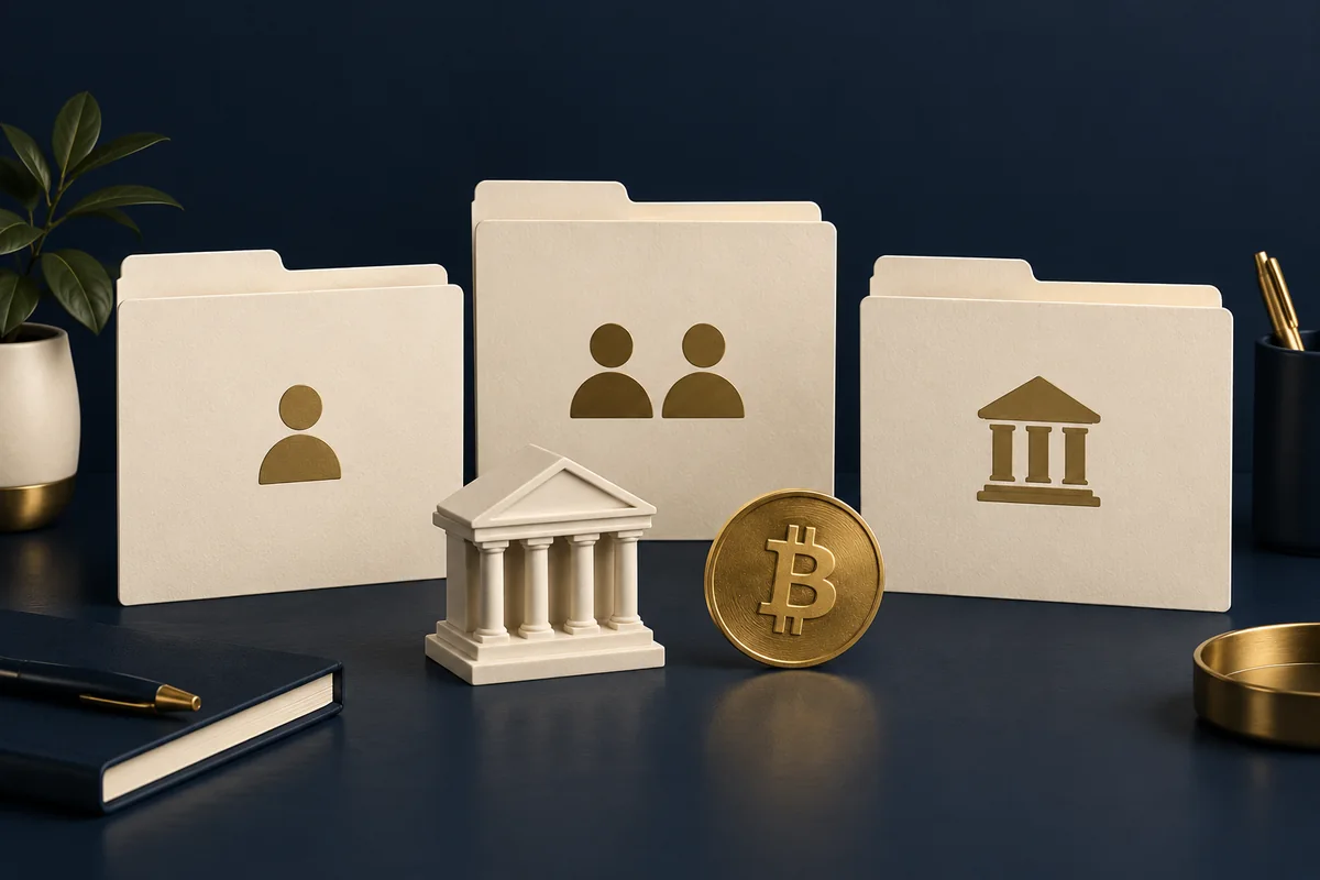 Conceptual illustration of personal, joint and business account folders arranged beside a bank.