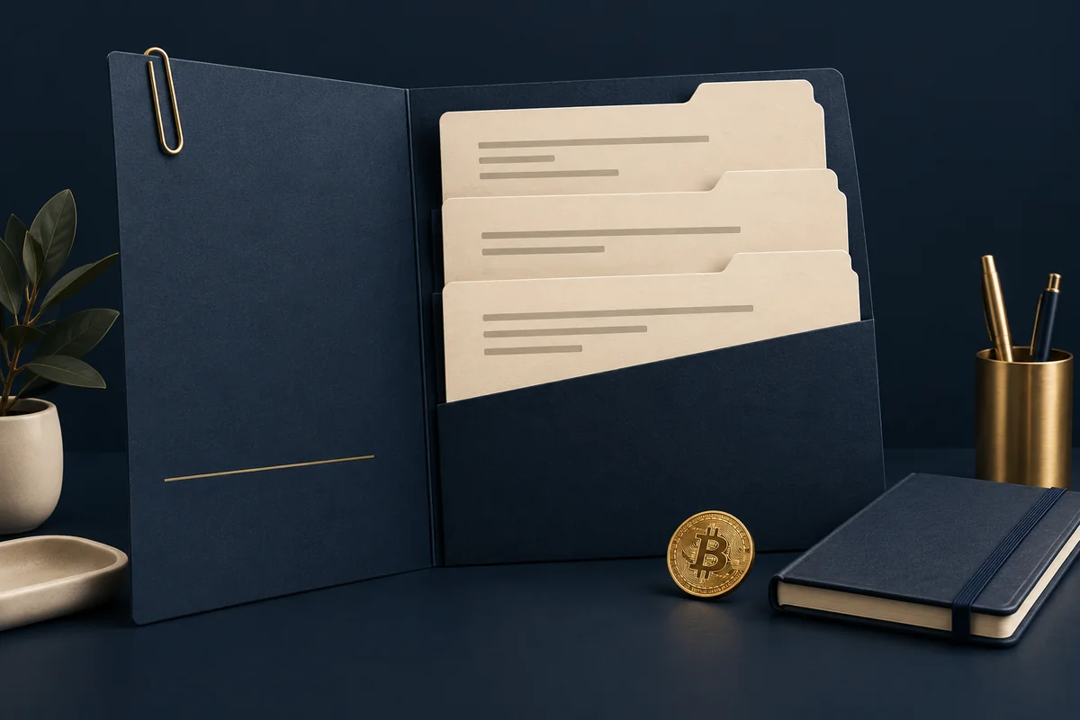 Conceptual illustration of an organized purchase folder containing a bank receipt, quote and Bitcoin transaction record.
