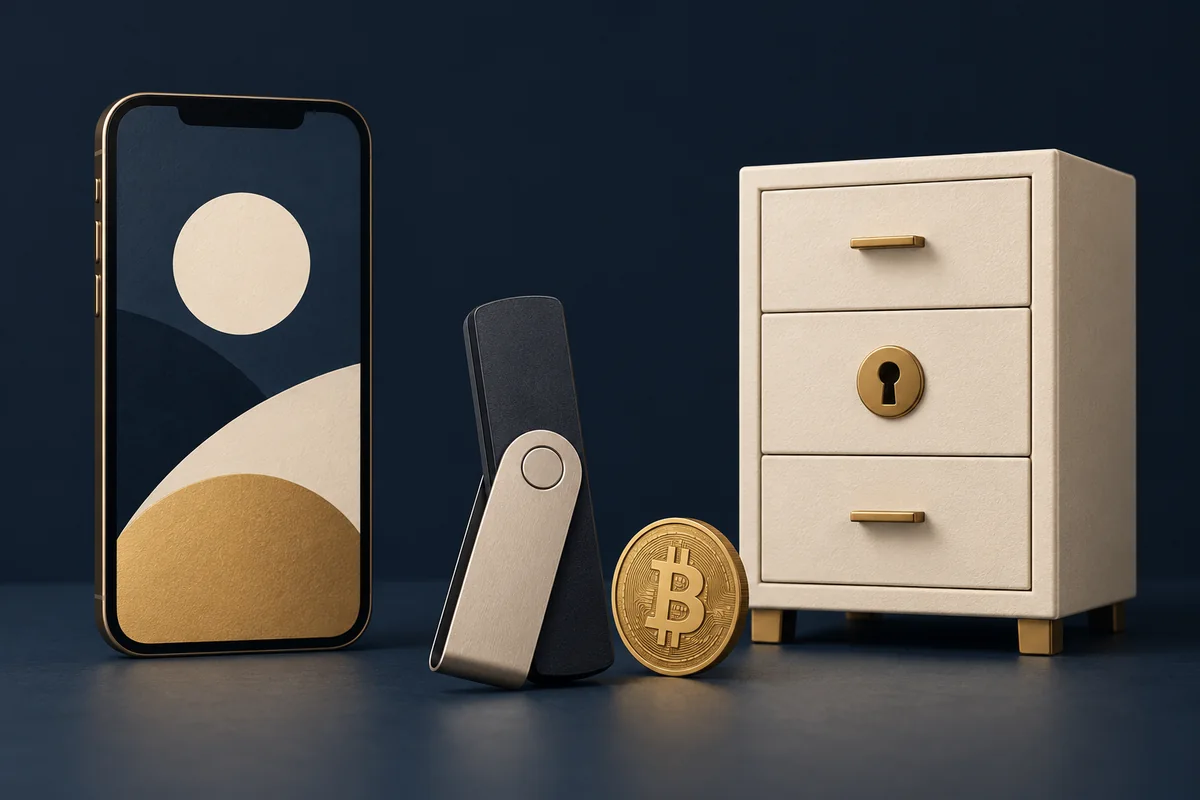 Conceptual illustration of a mobile phone, hardware wallet and custodial account cabinet.