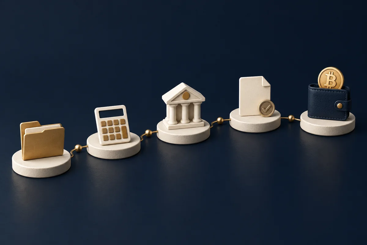 Conceptual illustration of five stepping stones connecting preparation, costs, bank funding, approval and a Bitcoin wallet.