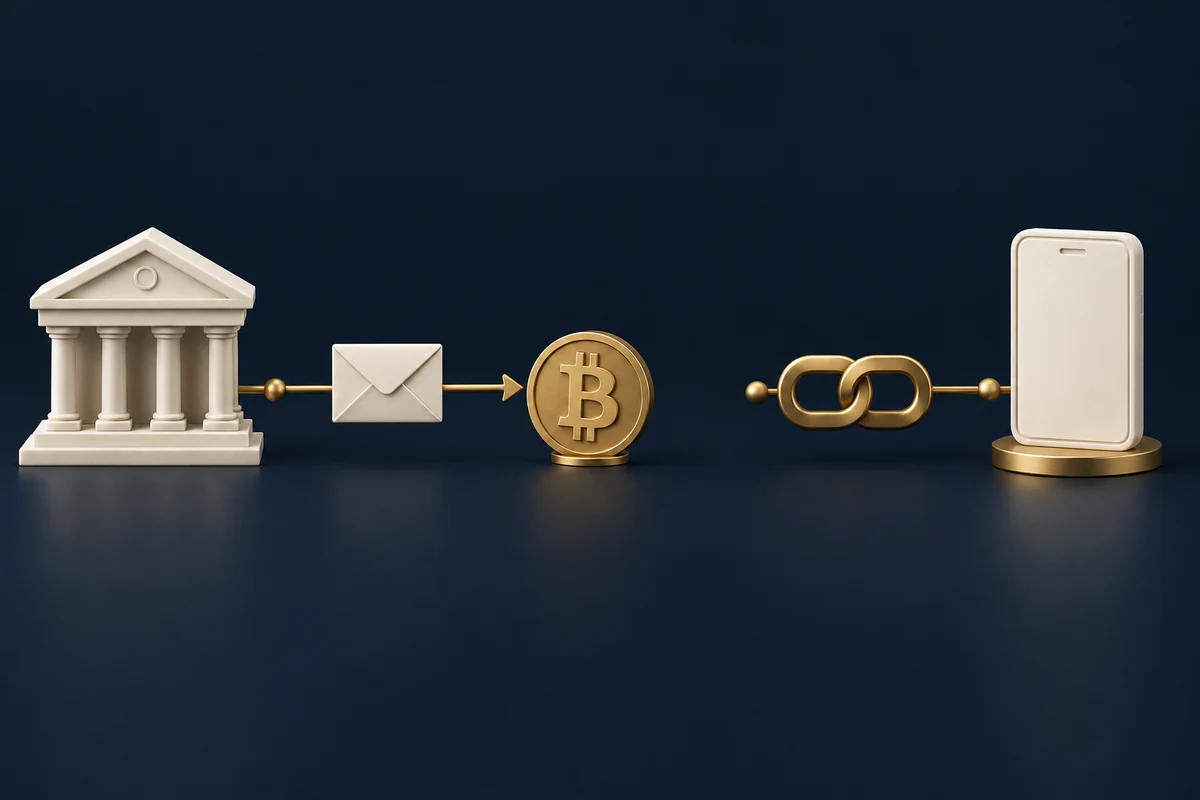 Conceptual illustration of a bank wire path beside a separate bank-account connection.