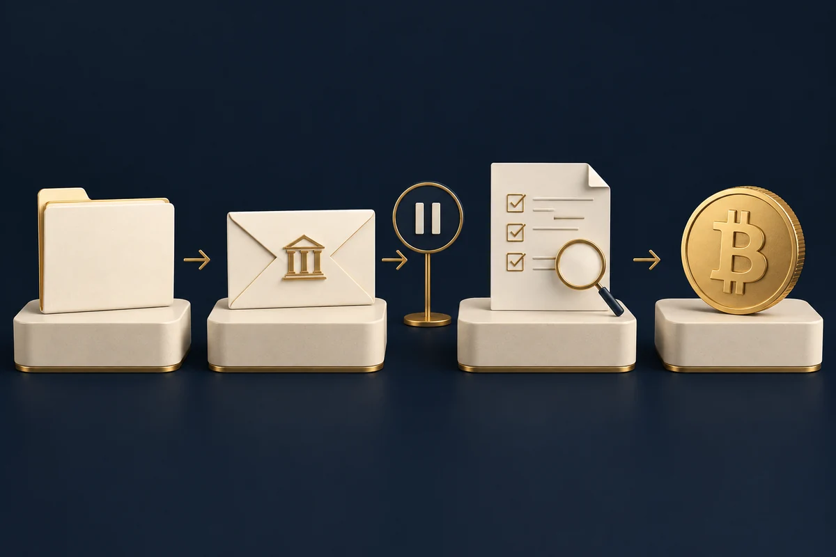 Conceptual illustration of a purchase decision at several stages before Bitcoin delivery.