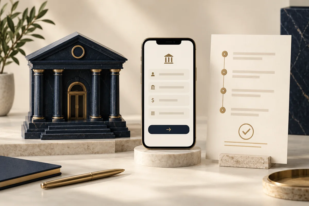 Conceptual illustration of a bank, a phone and a checked wire instruction sheet.