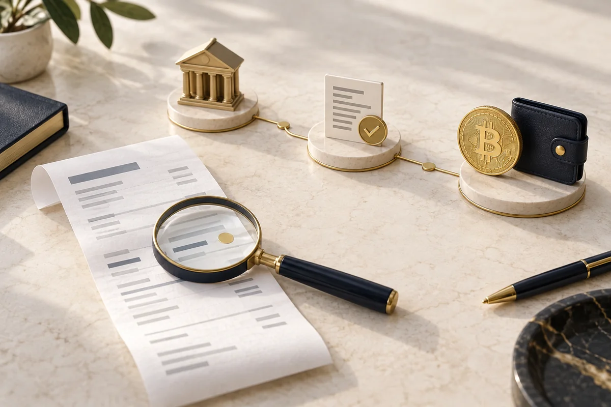 Conceptual illustration of a bank receipt, magnifying glass and linked payment milestones.