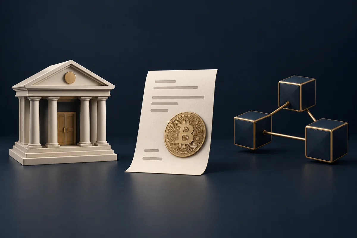 Conceptual illustration of a bank, purchase document and Bitcoin network blocks representing three different fees.