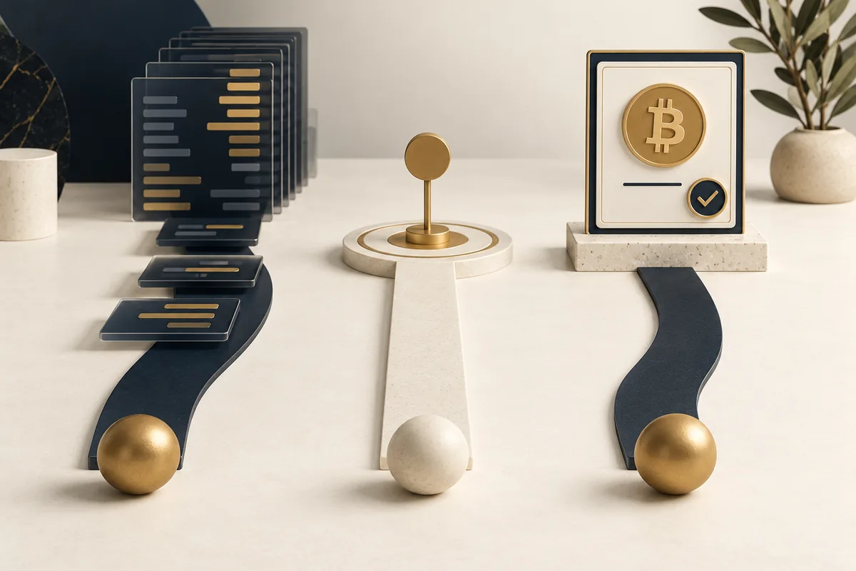 Conceptual illustration of three paths representing a market order, a limit price and an approved Bitcoin quote.