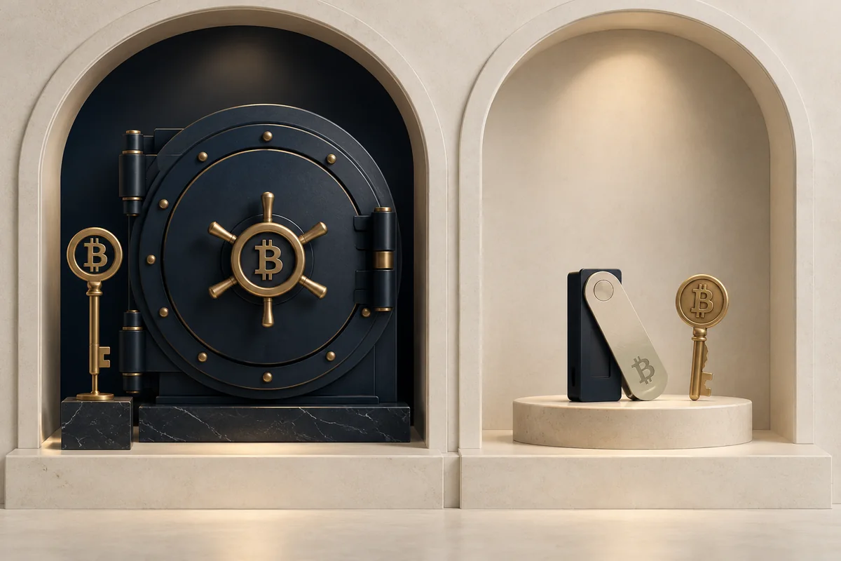 Conceptual illustration comparing keys held in a provider vault with keys held beside a personal wallet.