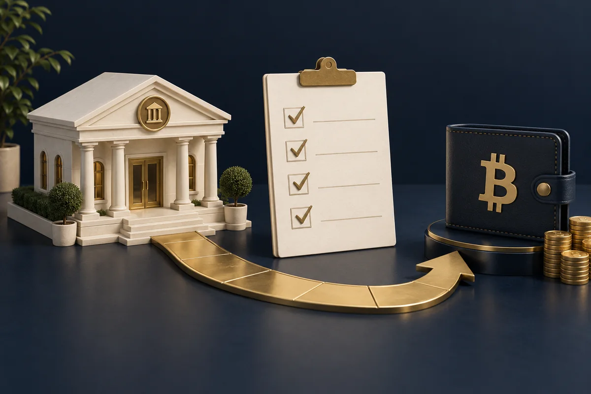 Conceptual illustration of a credit-union building, wire checklist and Bitcoin receiving wallet.