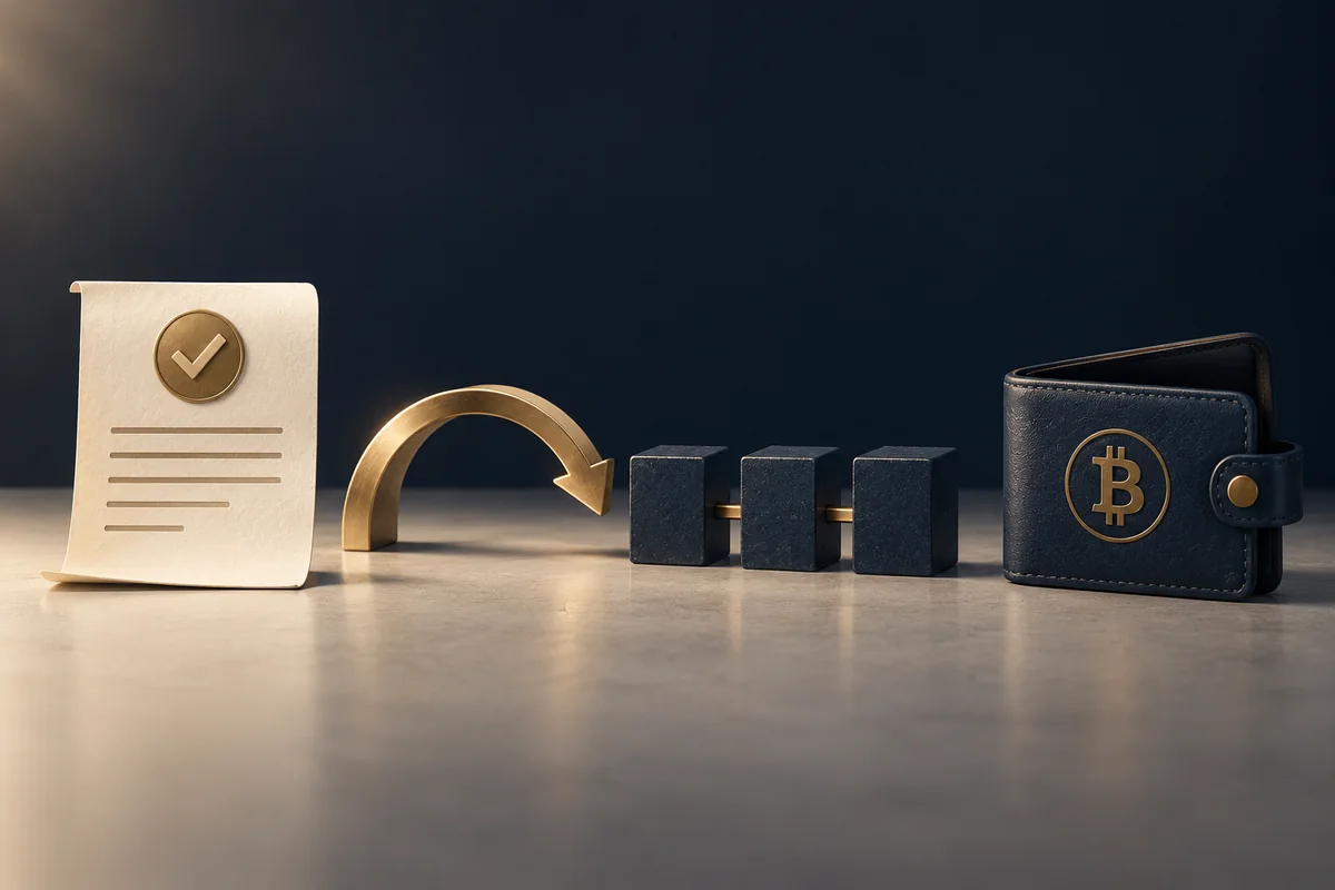 Conceptual illustration of a purchase record, Bitcoin network blocks and receiving wallet.